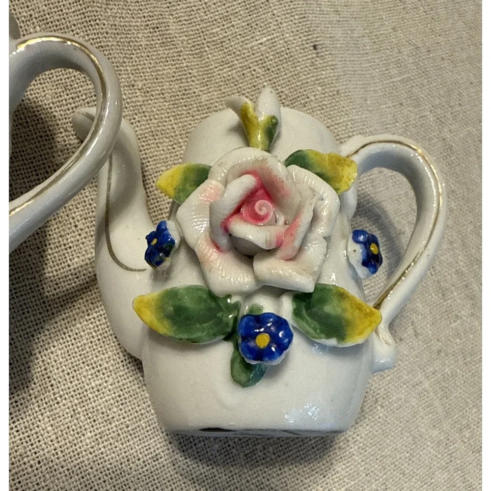 Vintage Miniature White Pitcher And Watering Can‎ with Figural Flower Japan